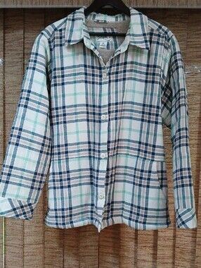Sherpa-Lined Plaid Shirt Jacket in Cream and Blue